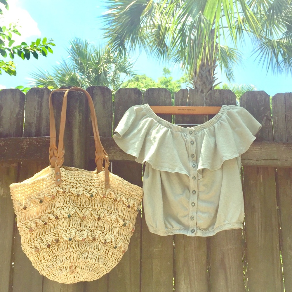 CCO Beaded Beach Tote Neutral, Brown Leather Strap